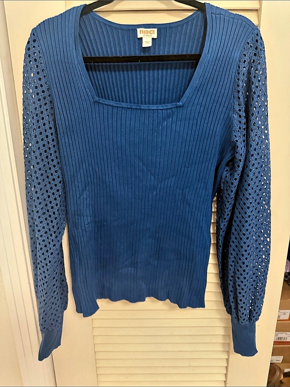 Fierce by Mally Roncal Mixed Media Square Neck Sweater in Blue Size Large